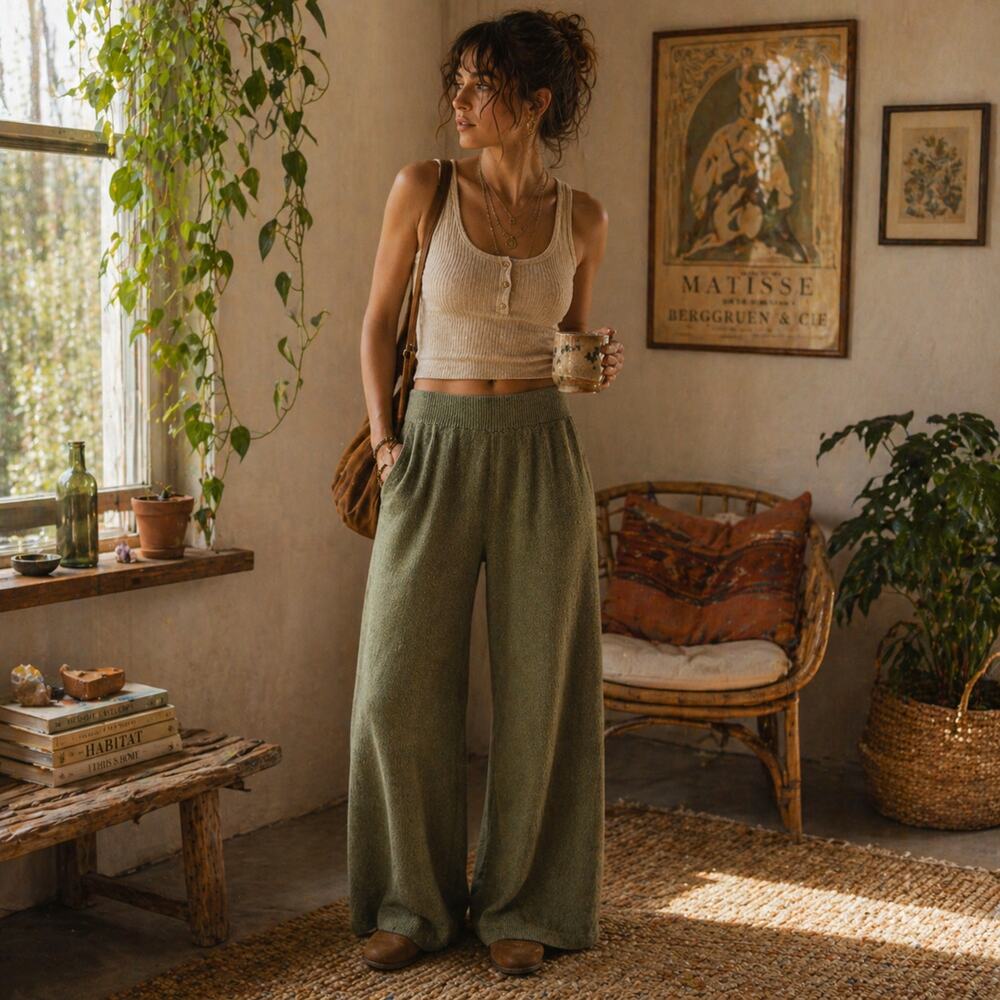Callahan Sz S Julia Wide Leg Knit Sage Green Pants Quiet Luxury Loungewear Cozy